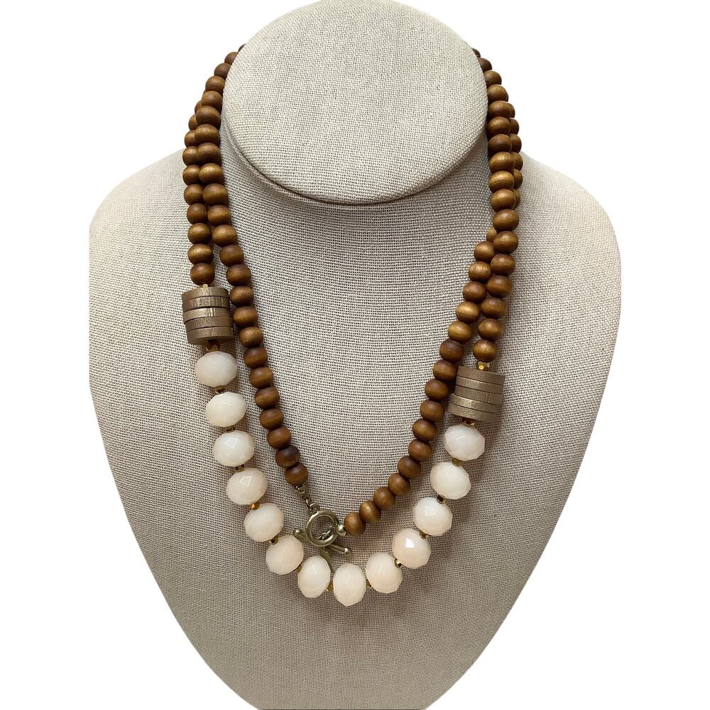 Canvas Brown Wood Beads White Faceted Double Strand Statement Necklace A6-3